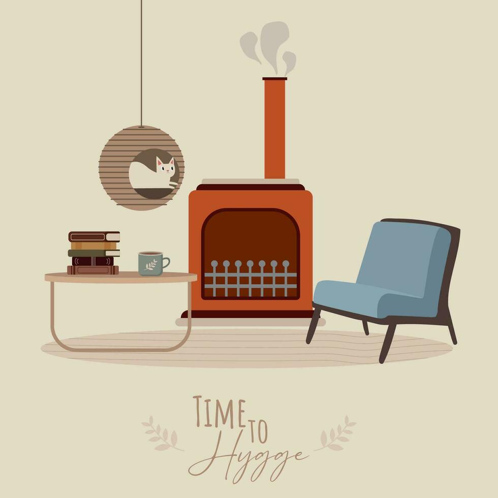 farbig Hygge Szenario mit Stuhl Nächster zu ein Kamin Vektor Illustration