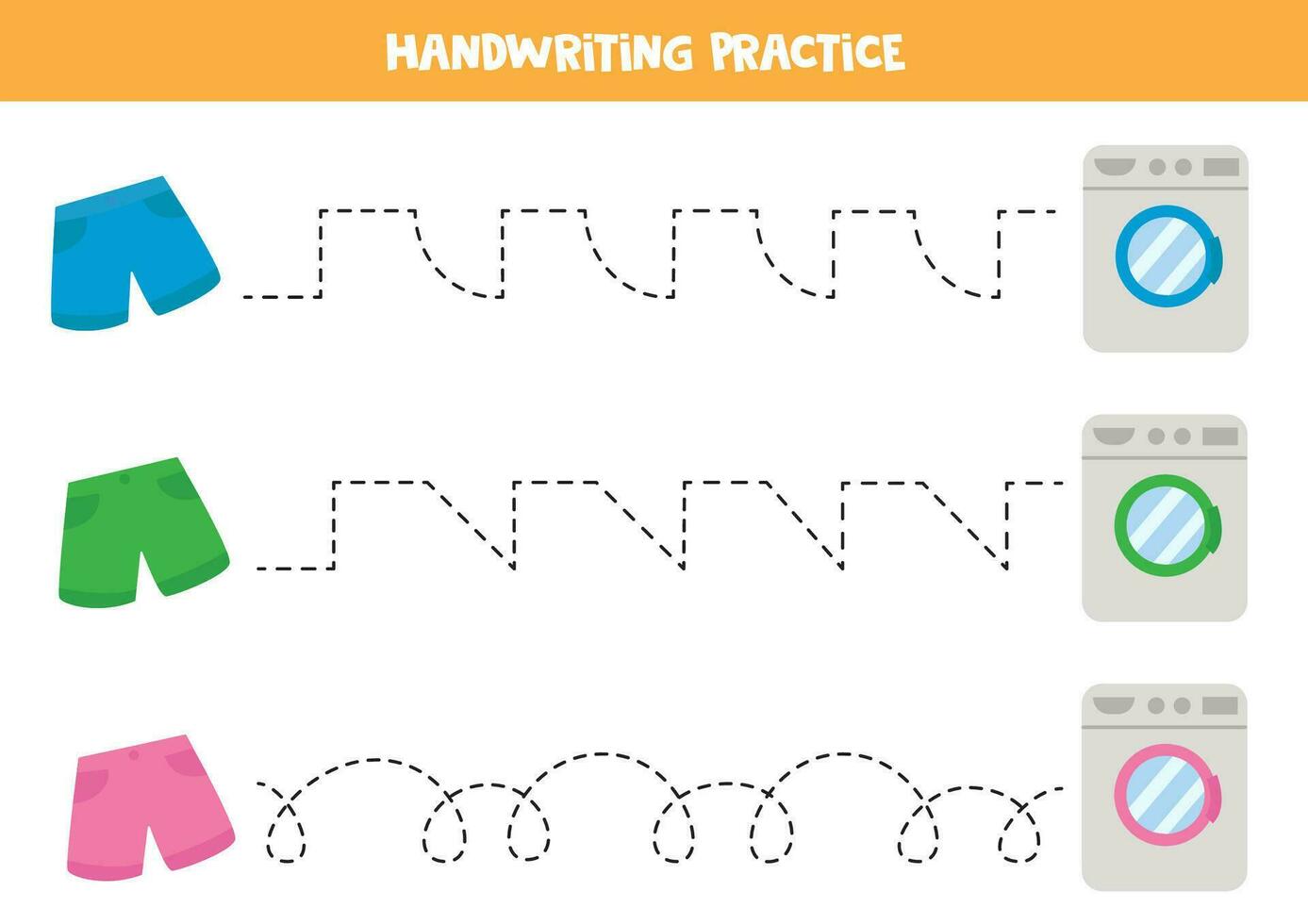 Rückverfolgung Linien zum Kinder. süß bunt kurze Hose und Waschen Maschinen. Handschrift ausüben. vektor