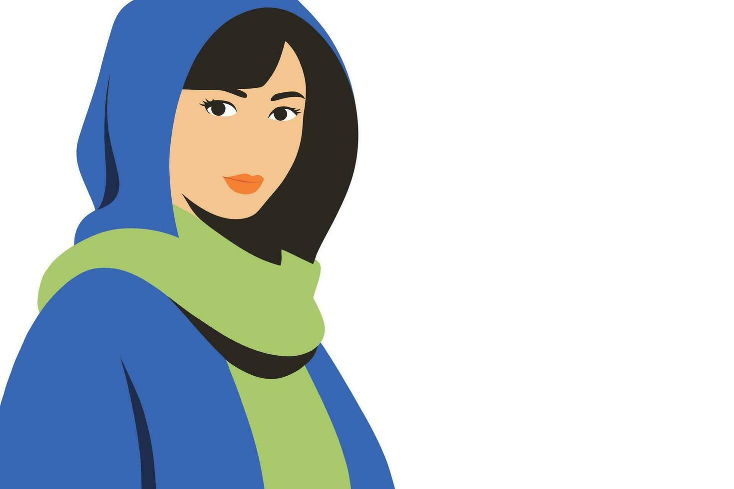 ein schön Frau im ein Kap, mit ein Blau Kapuze auf ihr Kopf und ein Grün Schal um ihr Nacken. eben Vektor Illustration.
