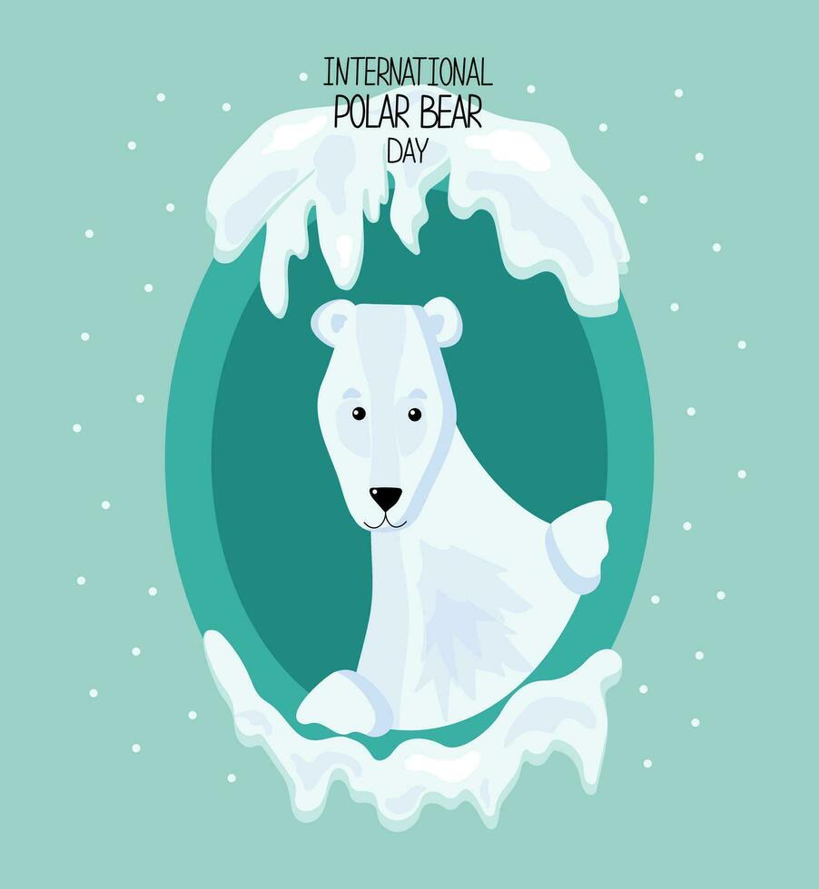 Karikatur Polar- Bär im ein rahmen. Arktis Tier. International Polar- Bär Tag, unterzeichnet Karte. Schnee Winter. vektor