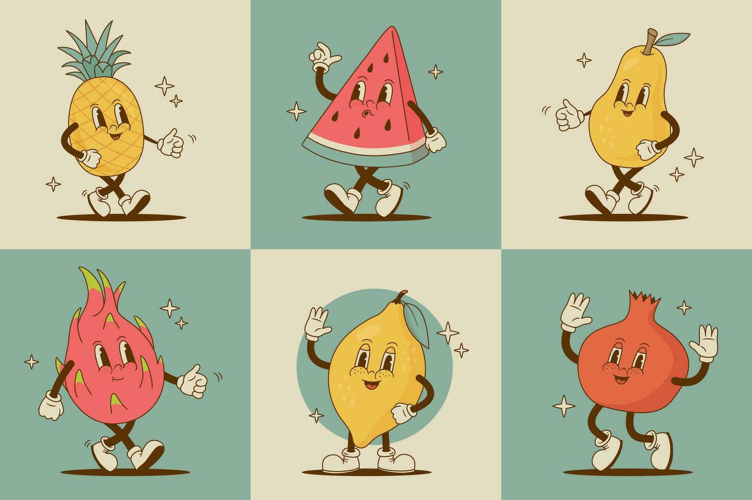 uppsättning av retro tecknad serie frukt tecken. citron, vattenmelon, ananas, päron, granat, drake frukt, Pitaya maskot. årgång vektor illustration. nostalgi 60-tal, 70-talet, 80s