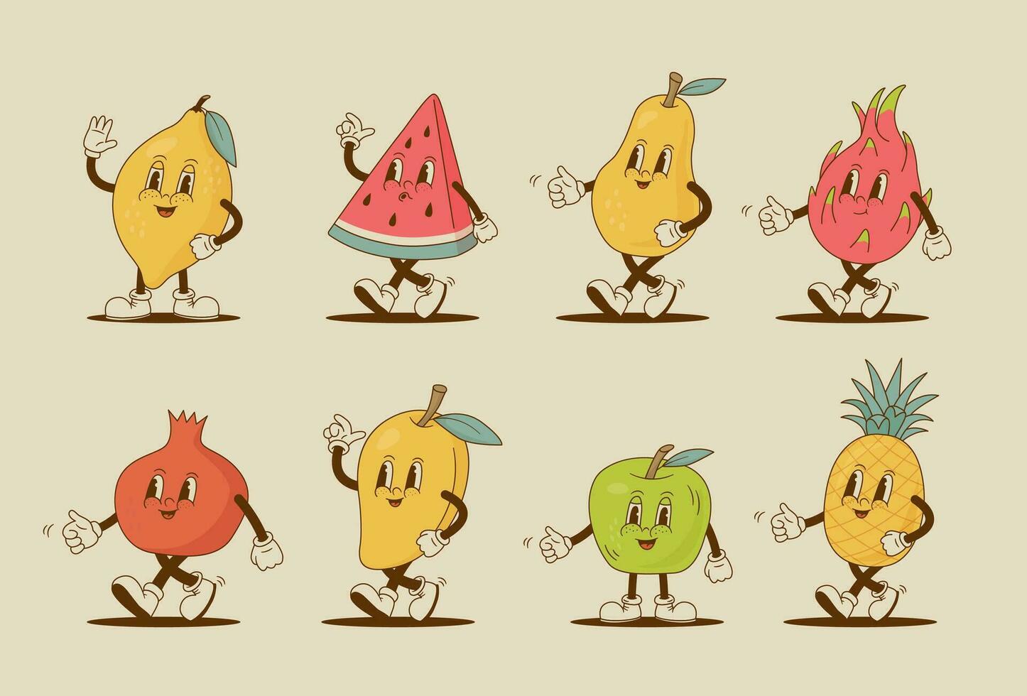 einstellen von retro Karikatur Obst Figuren. Zitrone, Wassermelone, Ananas, Birne, Granat, Apfel, Mango, Pitaya Maskottchen. Jahrgang Vektor Illustration.