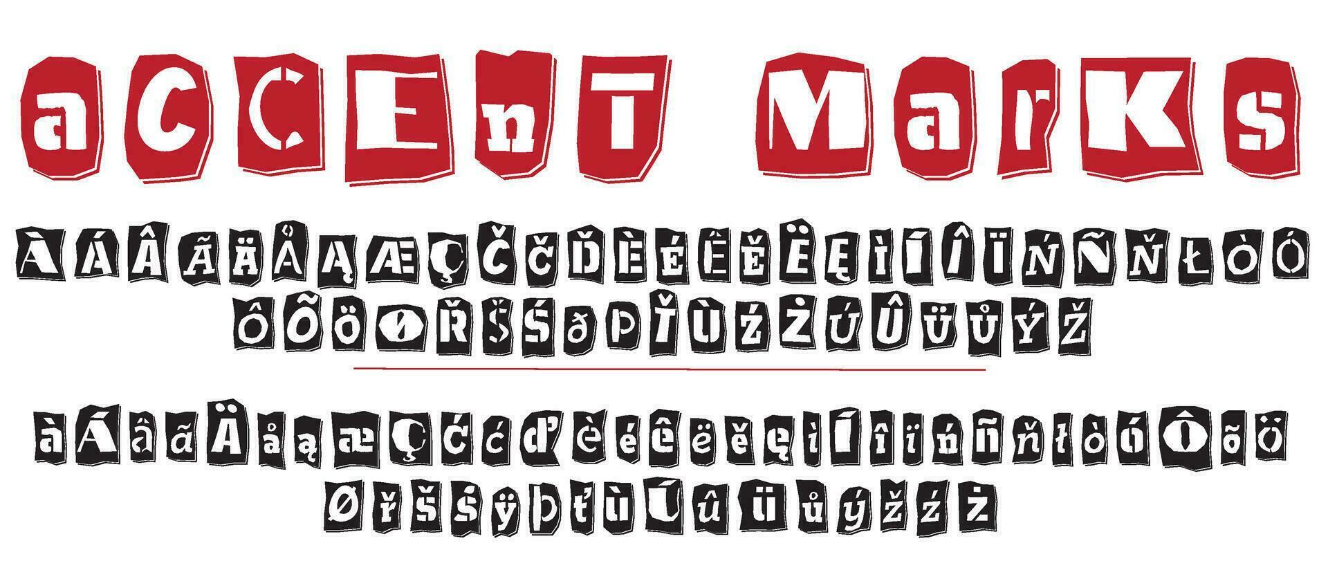 lösen collage stil stencil svart och röd brev tal och skiljetecken märken skära från tidningar och tidningar. årgång ABC samling. svart och vit alfabet typografi vektor illustration.
