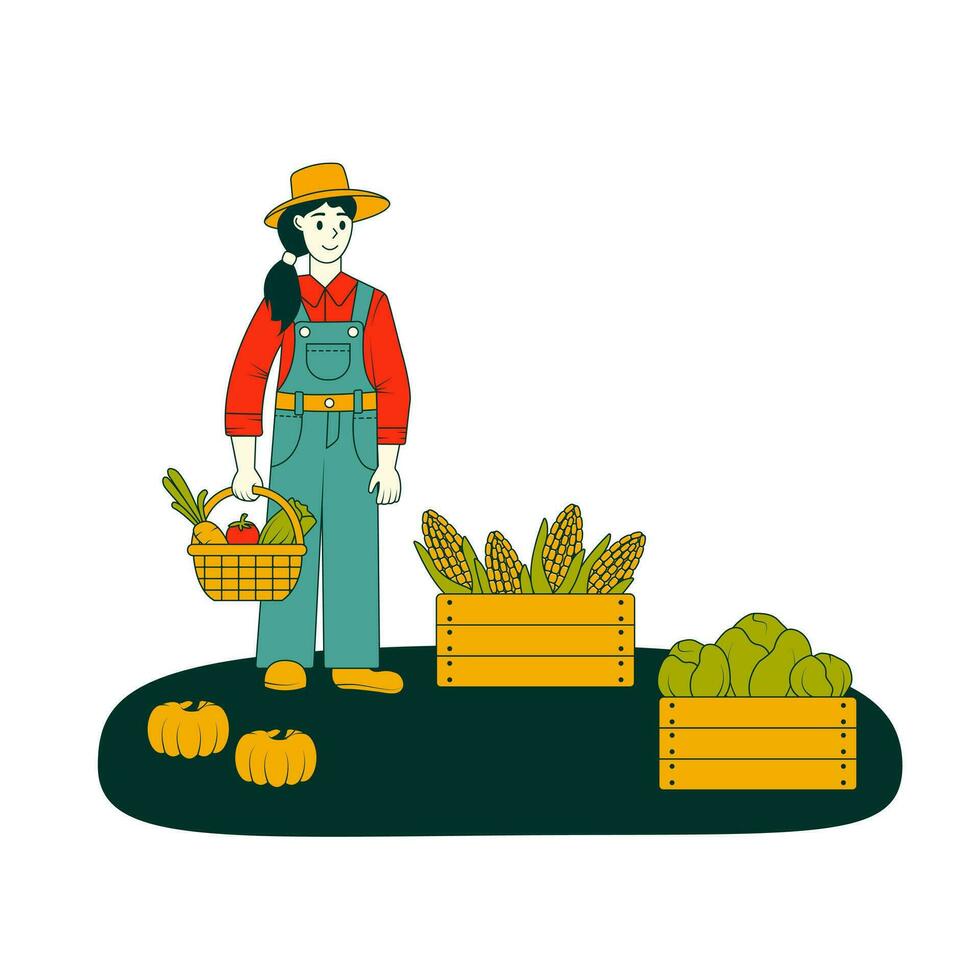 Farmer mit ein Korb von Gemüse. Ernte. Bauernhof und Gartenarbeit. das Mädchen Ernten von Kohl, Mais und Kräuter. Vektor Illustration