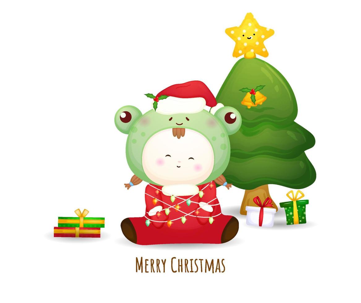söt baby santa flyger med jul ljus för god jul illustration premium vektor