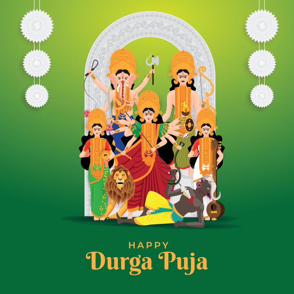 illustration av gudinnan Durga med familj inklusive Lord Ganesha, Lakshmi, Saraswati och Kartikeya i Happy Durga Puja Subh Navratri med grön bakgrund vektor