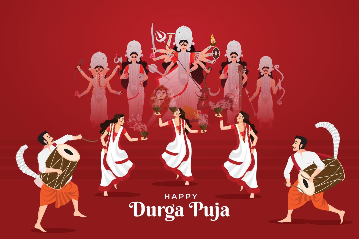 vektor illustration av damer som dansar med dhunuchi och män som spelar dhak för glad durga puja