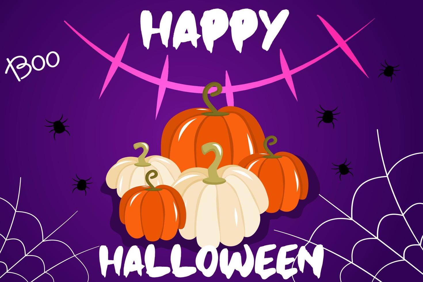 Vektorgrafik mit einem Banner für Halloween oder einer Einladung zu einer Party mit Spinnweben, Kürbissen und einem unheimlichen Mund auf violettem Hintergrund. Happy Test für Halloween, ein traditionelles Herbstfest. vektor