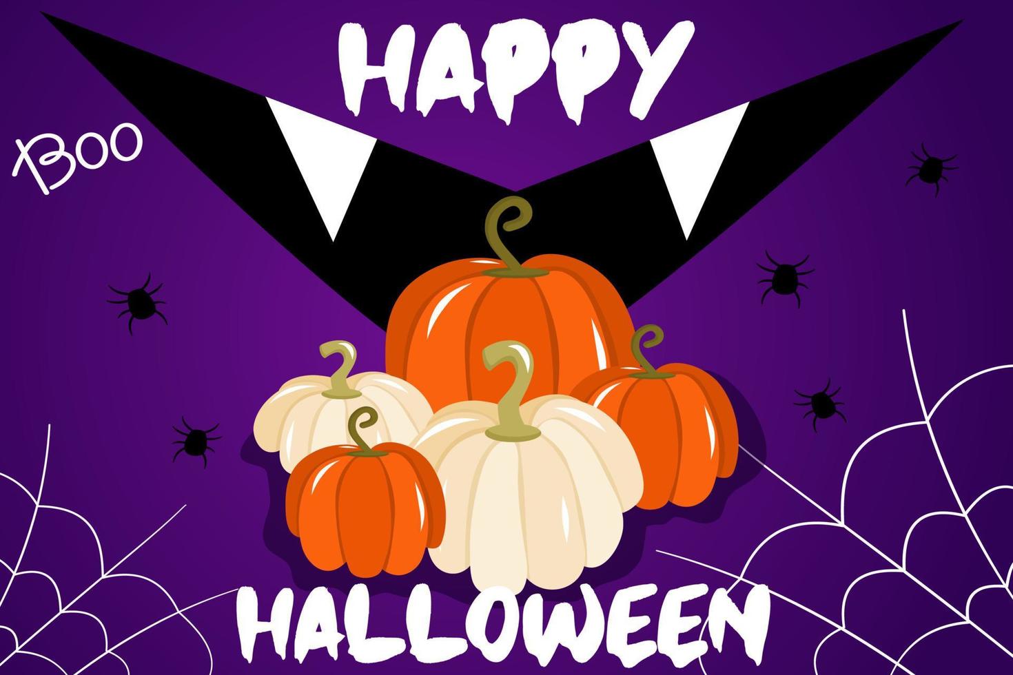 vektorillustration med en banner för halloween eller en inbjudan till en fest med spindelnät, pumpor och en olycksbådande mun på en lila bakgrund. lyckligt test för halloween, en traditionell höstlov vektor