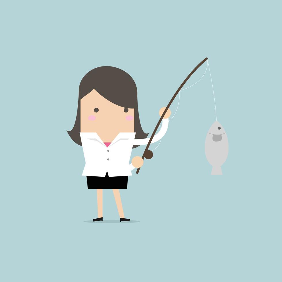 affärskvinna som fiskar en stor fisk. vektor