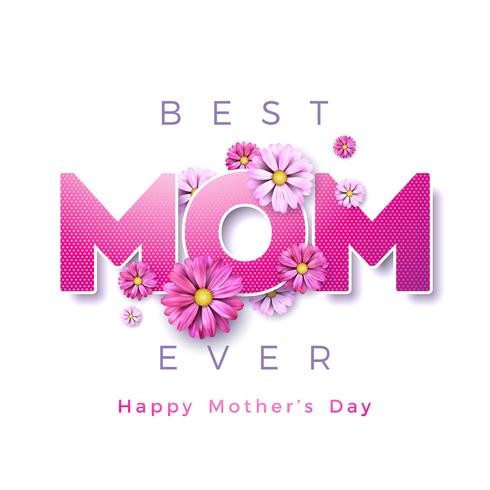 Lycklig mors dag hälsningskortdesign med blomma och bästa mamma någonsin typografiska element på vit bakgrund. Vektor firande illustration
