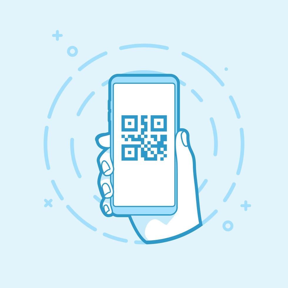 QR-Code-Symbol auf dem Smartphone-Bildschirm. Hand, die Smartphone hält. modernes Vektorumrissobjekt. vektor