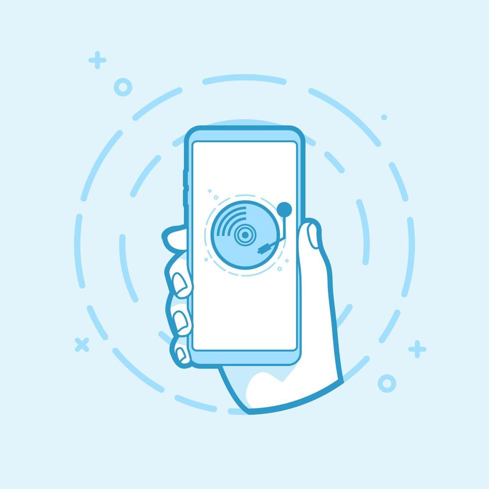 Hand hält Smartphone mit altem Plattenspieler-Symbol. Vektor-Illustration Umriss-Objekt. vektor