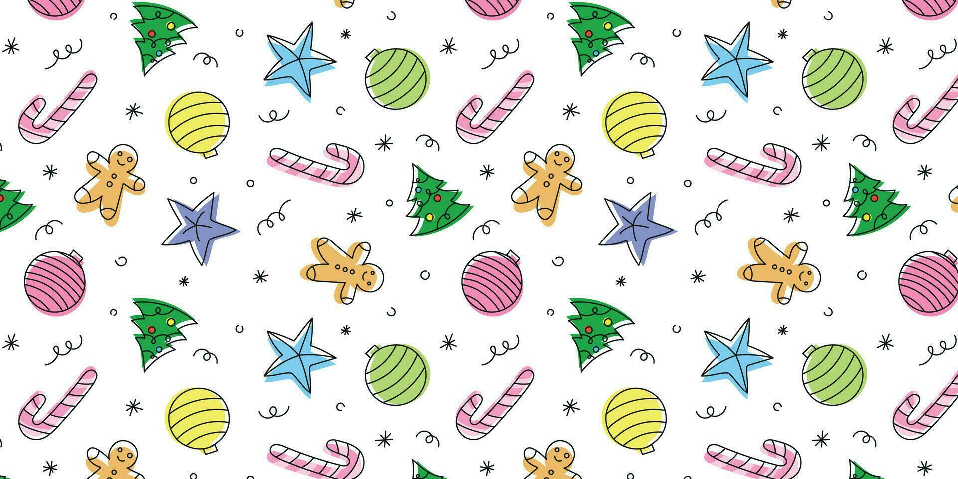 festlig vinter- klotter sömlös mönster med jul träd, pepparkaka man, bollar, godis sockerrör. vektor illustration av jul ny år festlig bakgrund för gåva papper, etiketter, tapet, omslag