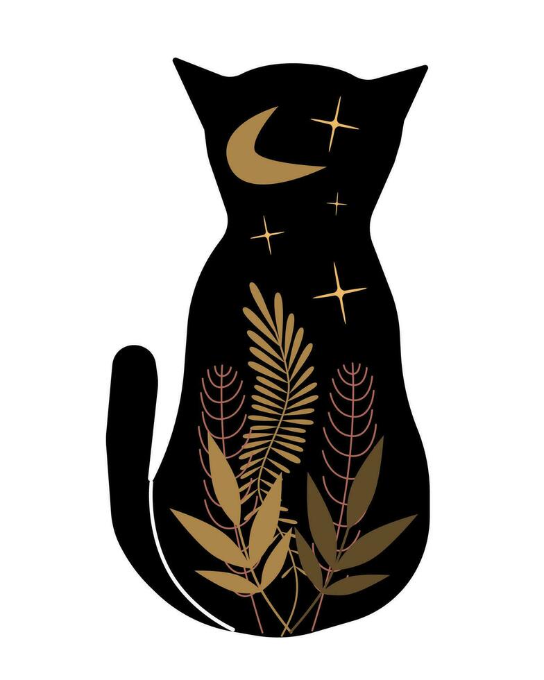 modern vektor illustration. silhuett av en katt med växter, måne och stjärnor isolerat på vit bakgrund