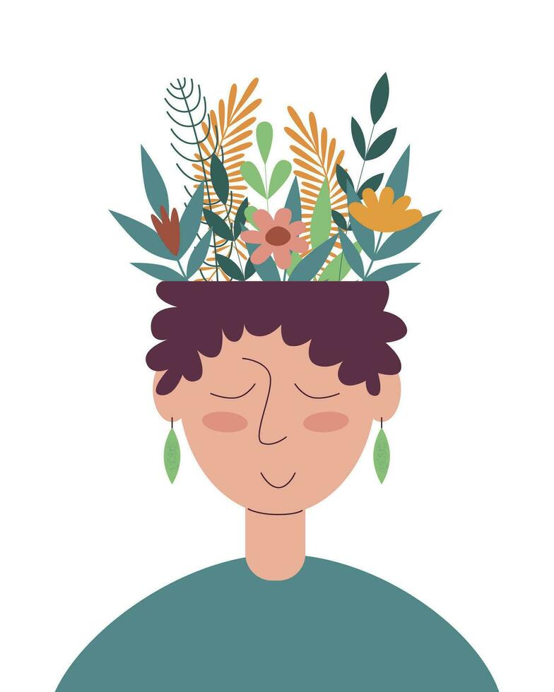 Vektor Illustration Über mental Gesundheit. friedlich Frau mit Blumen auf ihr Kopf isoliert auf Weiß Hintergrund