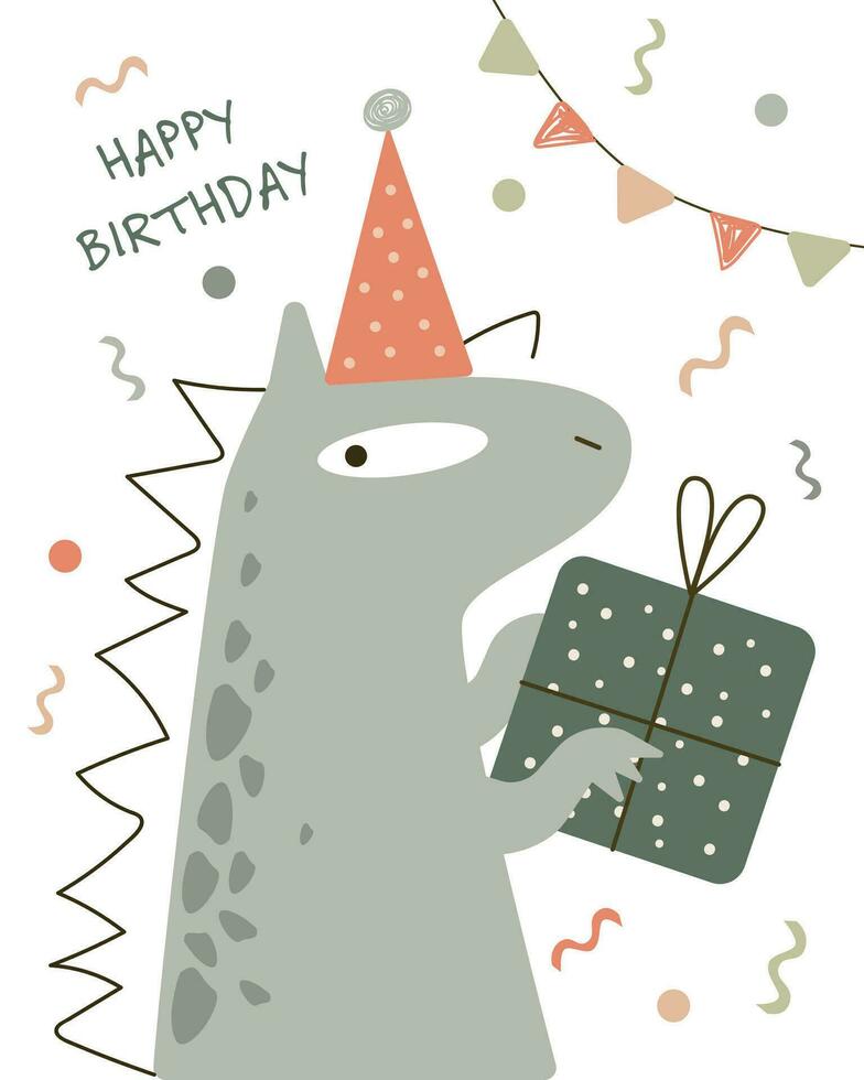 Babys Geburtstag Karte. Vektor Illustration. Grün süß Drachen mit Geschenk Kasten, festlich Flaggen und Konfetti