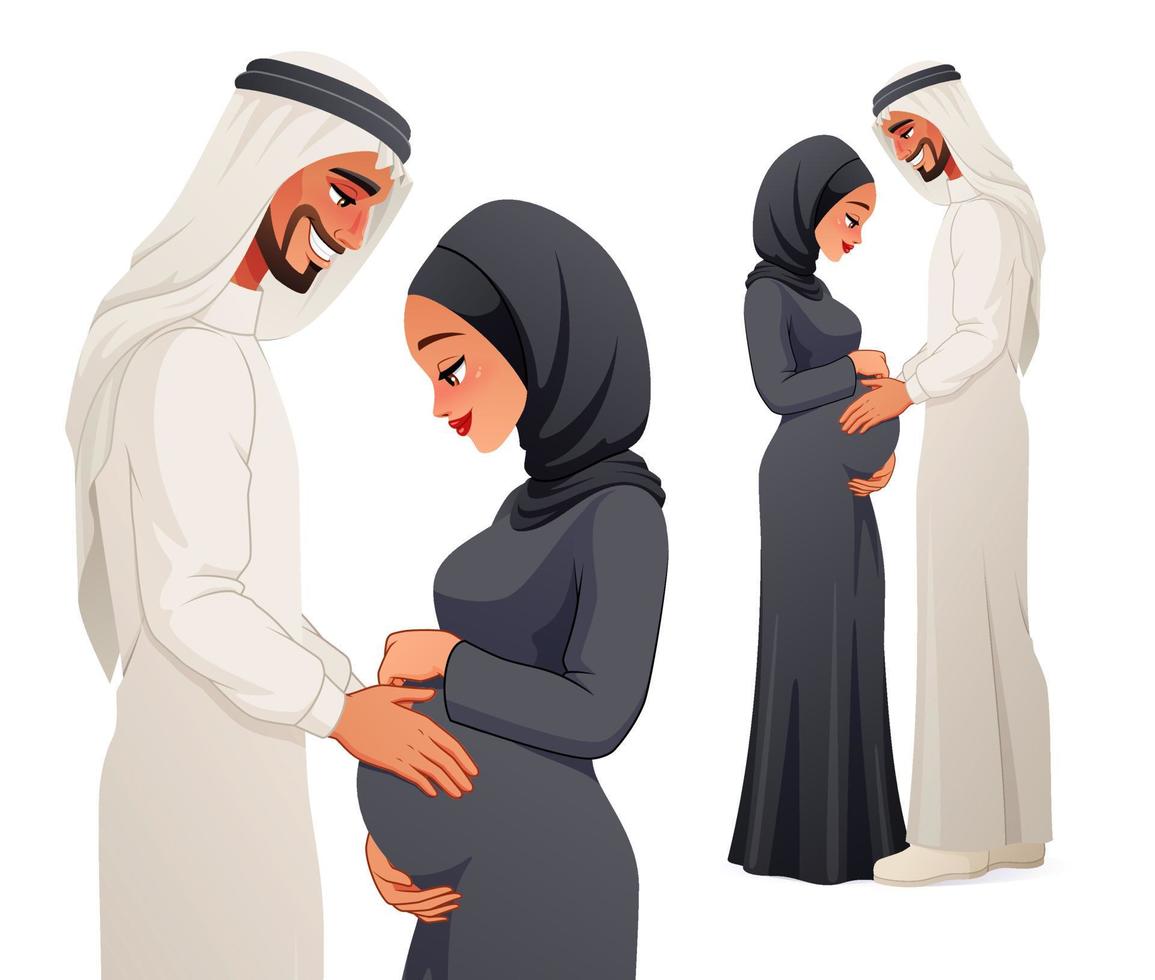 glückliches schwangeres arabisches Paar, das eine Babyvektorillustration erwartet vektor