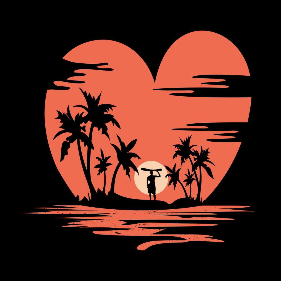 kärlek solnedgång över de strand, sommar t skjorta design vektor
