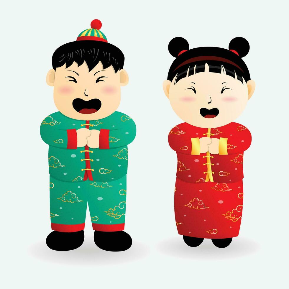Junge Mädchen Kinder Chinesisch Neu Jahr Gruß süß Design zum Dekoration Kultur Festival Asien vektor