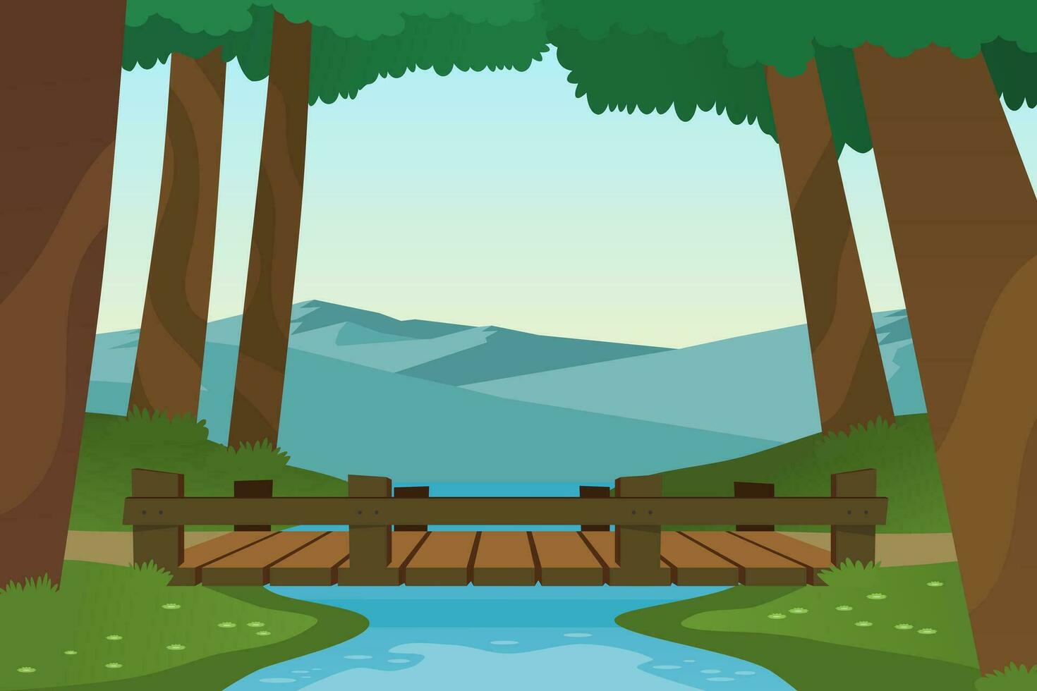 klein hölzern Brücke im das Wald mit klein Fluss und Berge. Vektor Illustration.