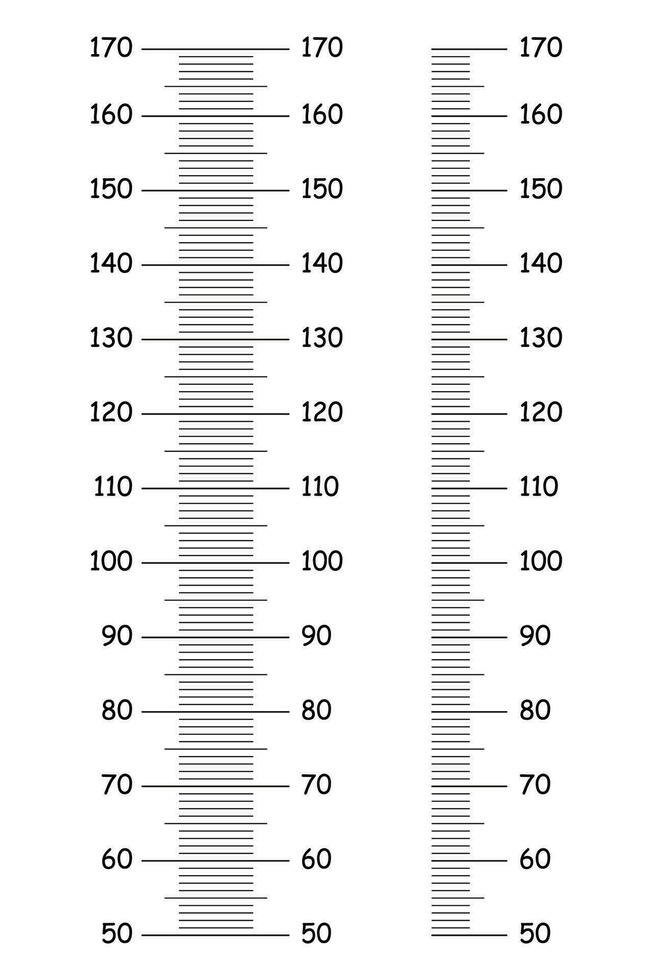 barn höjd diagram från 50 till 170 centimeter. uppsättning av mallar för vägg tillväxt klistermärke isolerat på en vit bakgrund. meter vägg, tillväxt linjal samling. vektor skisse illustration.