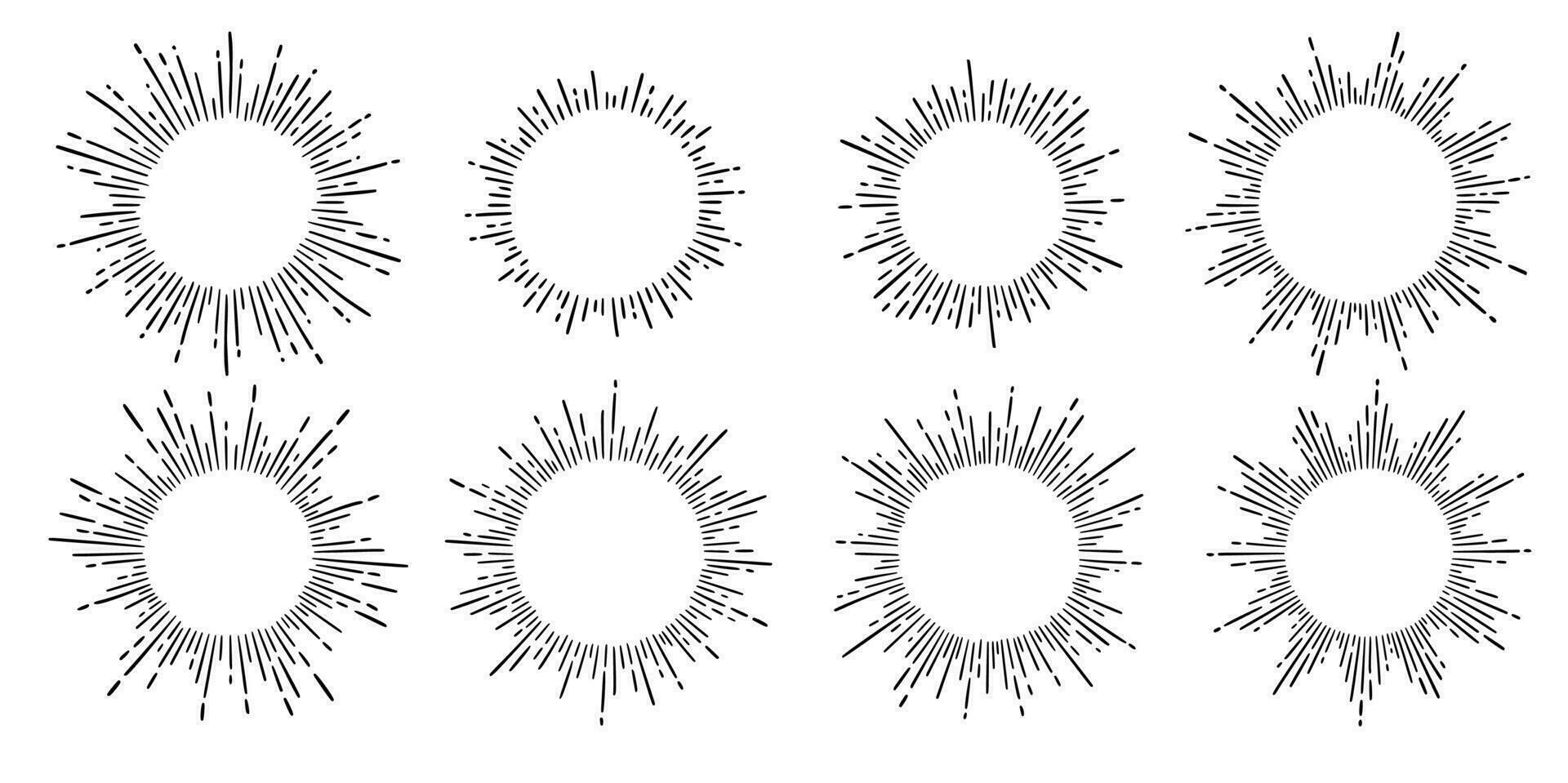 Sunburst Strahl Jahrgang Rahmen Element Satz. Star platzen Strahl Hand gezeichnet scheinen, Hipster Abzeichen, Logo Kreis Dekoration Rahmen vektor