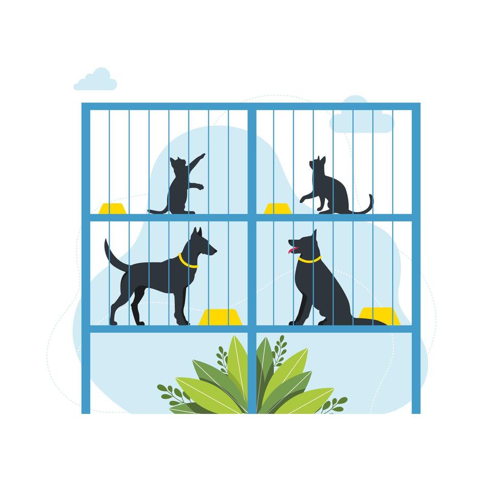 Konzept für Tierheime. einsame Tiere in Käfigen warten auf die Adoption. Rehabilitations- oder Adoptionszentrum für streunende Haustiere. Adoptionszentrum für streunende und obdachlose Haustiere. süße Katzen, einsame Hunde. vektor