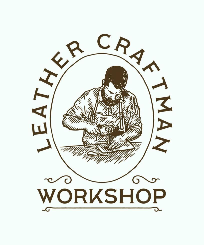 Jahrgang Hand gezeichnet Leder Handwerker Logo Etikette vektor