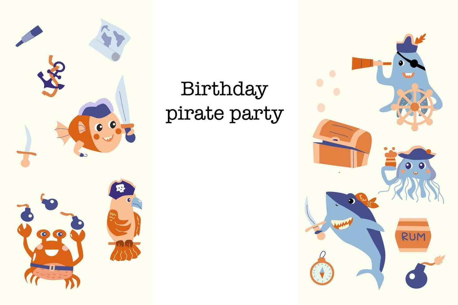 Karikatur Pirat Geburtstag Party Einladung Karte Flyer zum Kinder. können benutzt zum Baby Feier Banner, Hintergrund. Meer Tiere Geburtstag Vorlage, Meer Abenteuer Design. vektor