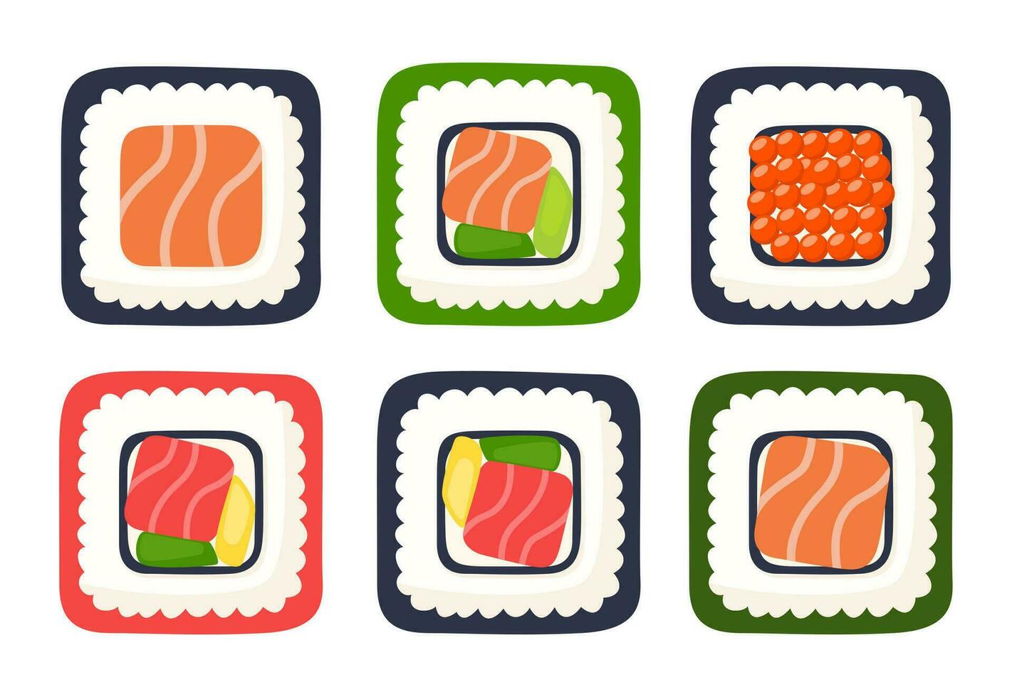 sushi rulla vektor uppsättning. japansk kök, traditionell mat. vektor illustration.
