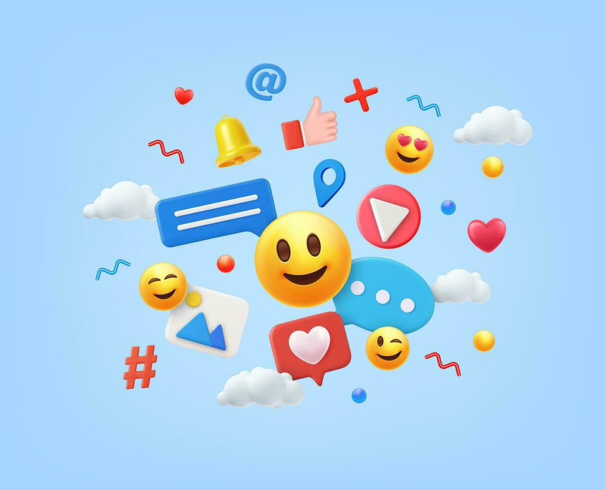 3d framställa social media och teknologi, uppkopplad social kommunikation tillämpningar begrepp, emoji, hjärtan, chatt på ljus blå bakgrund. vektor illustration