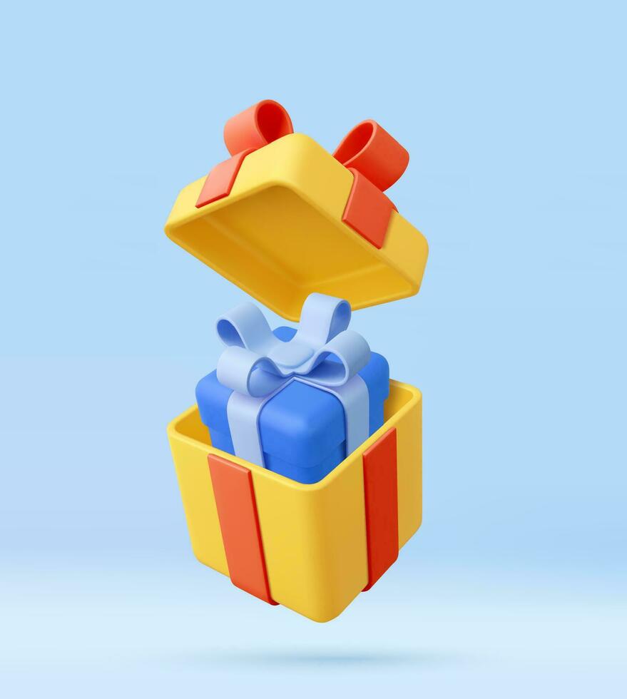 3d öffnen Geschenk Box Überraschung. Weihnachten und Neu Jahr Design, Element zum Geburtstag. 3d Wiedergabe. Vektor Illustration