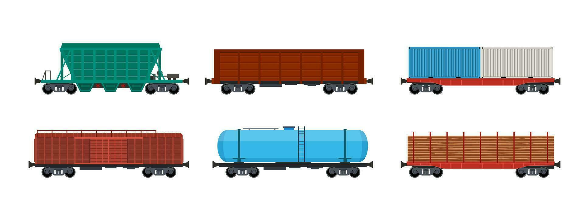 tåg frakt vagnar, järnväg frakt och järnväg behållare. frakt tåg med vagnar, tankar, frakt, cisterner. industriell vagnar, sida se. vektor illustration i platt stil