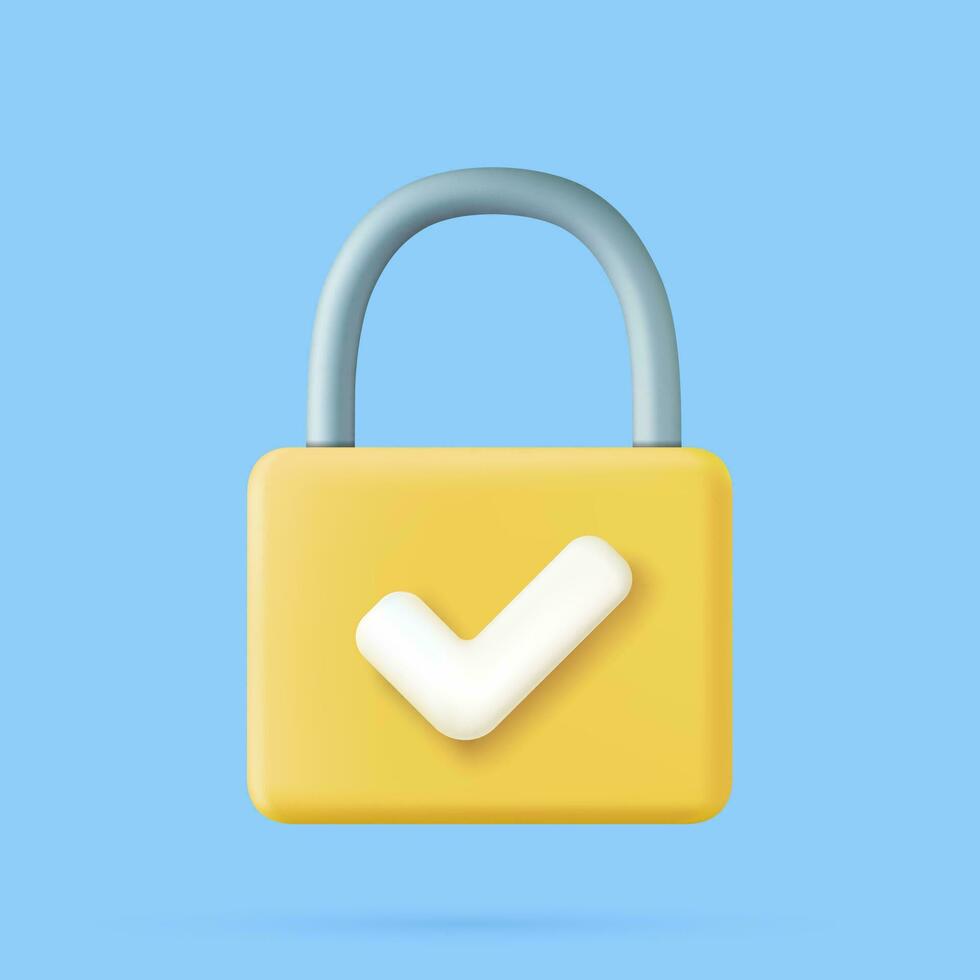 3d tolkning gul låst hänglås ikon med vit kolla upp symbol. säkerhet begrepp. vektor illustration