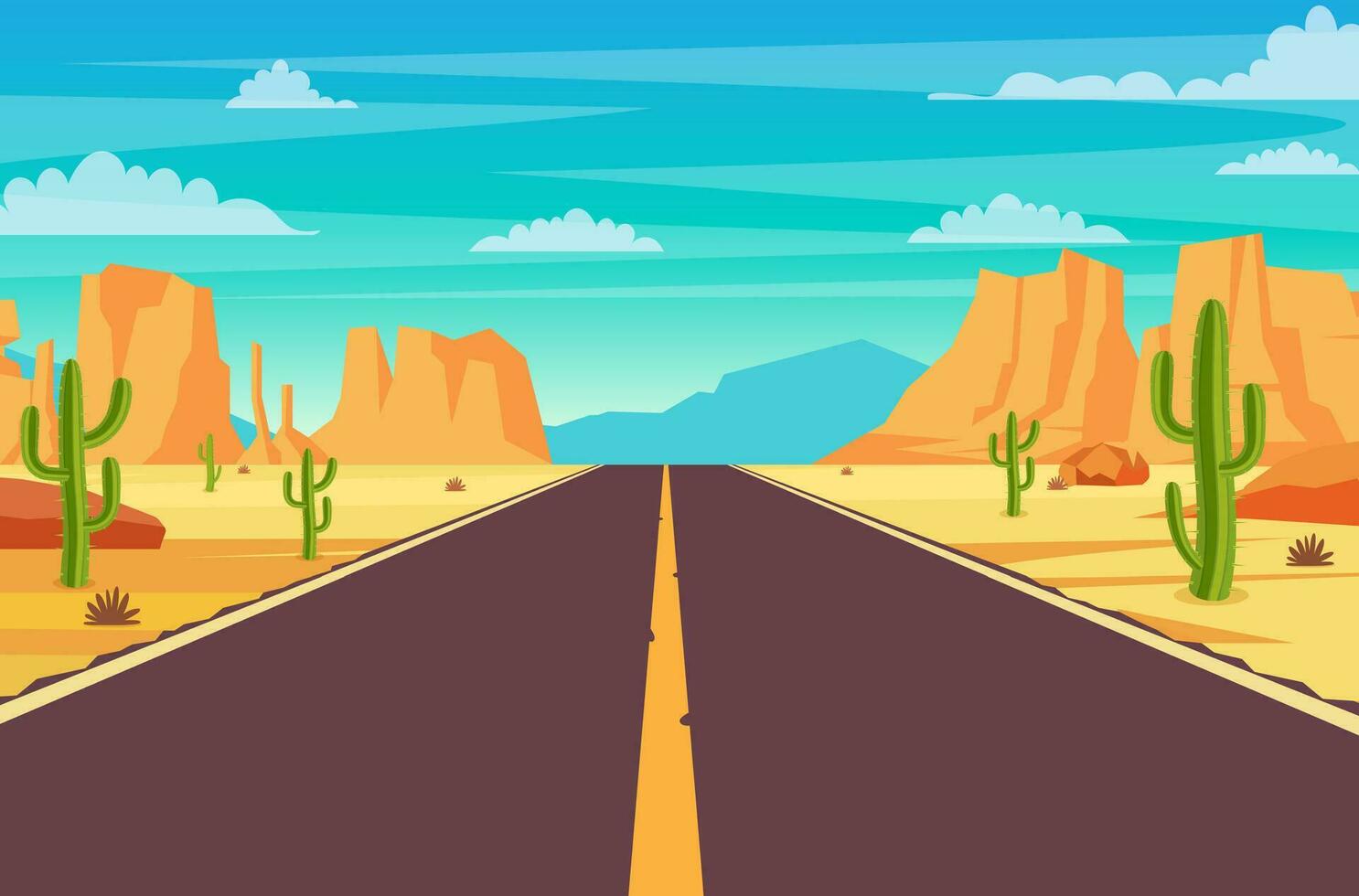 tömma motorväg väg i öken. sandig öken- landskap med väg, stenar och kaktusar. sommar Västra amerikan landskap. motorväg i arizona eller mexico varm sand. vektor illustration i platt stil