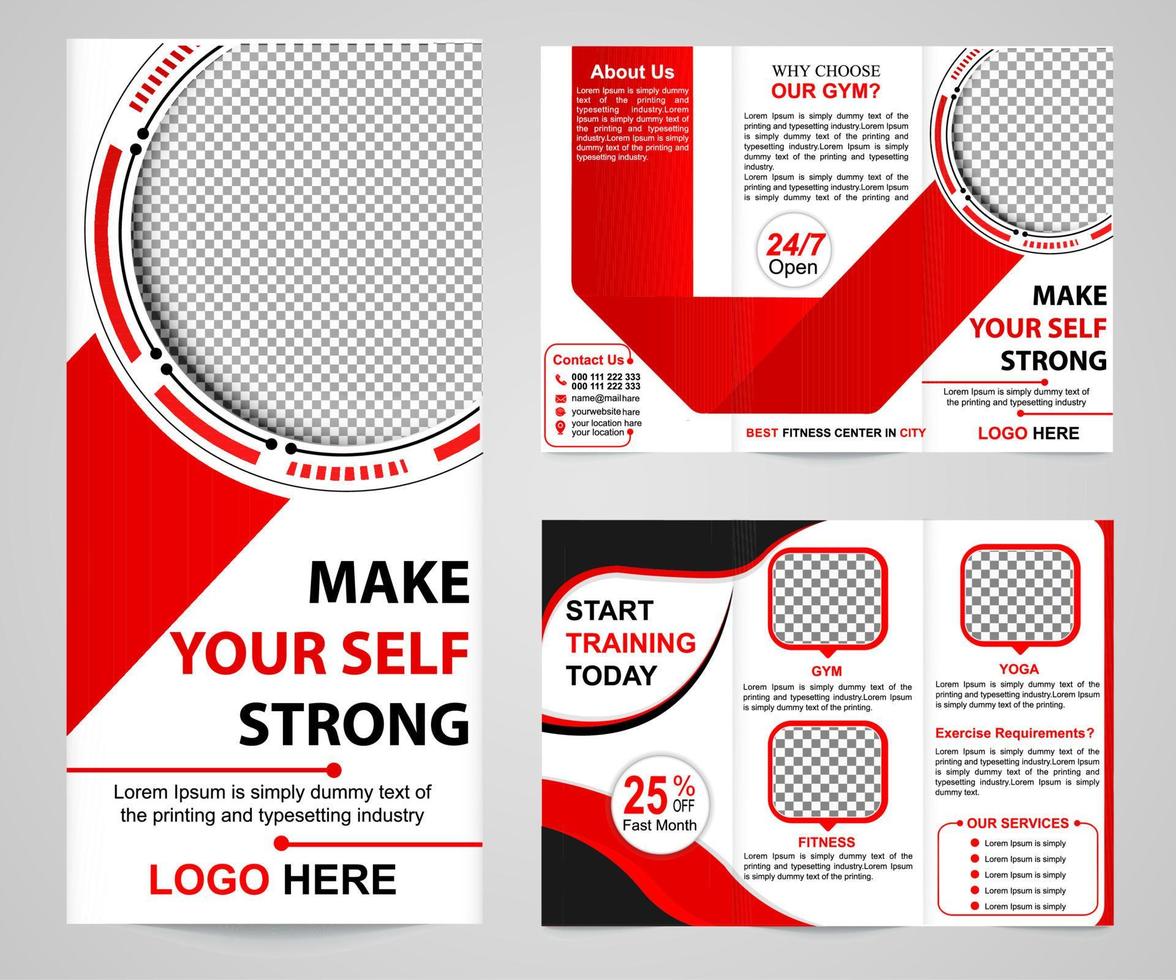 Fitness, Fitness-Studio Tri-Fold-Broschüren-Design-Vorlage. Anpassung an Fitness-Flyer, Broschüre, Broschüre, Broschürendruckdesign. Fitness, Training, Yoga, Gesundheit, Sportbroschüren-Design-Vorlage-Vektor-Illustration vektor