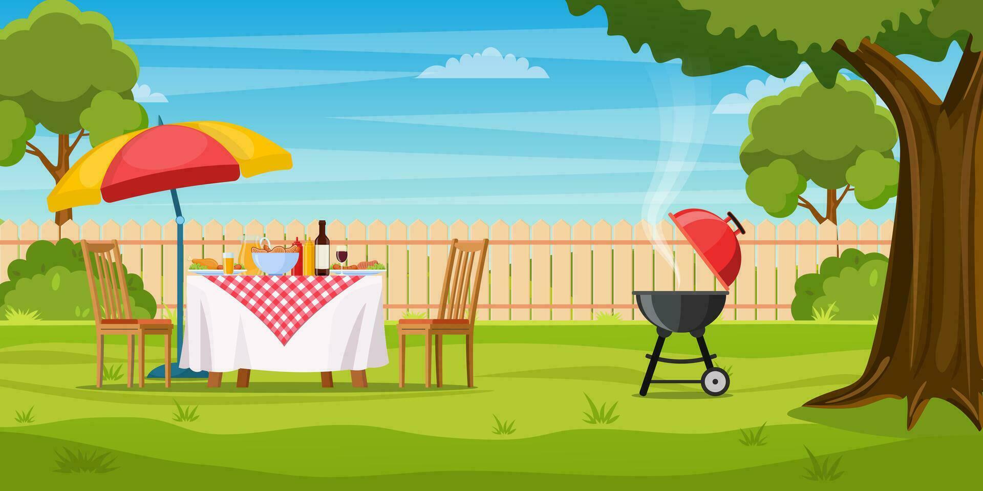 Grill Party im das Hinterhof mit Zaun, Bäume, Gebüsch. Picknick mit Grill auf Sommer- Rasen im Park oder Garten Essen auf Tisch, Stühle und Regenschirm. Vektor Illustration im eben Design