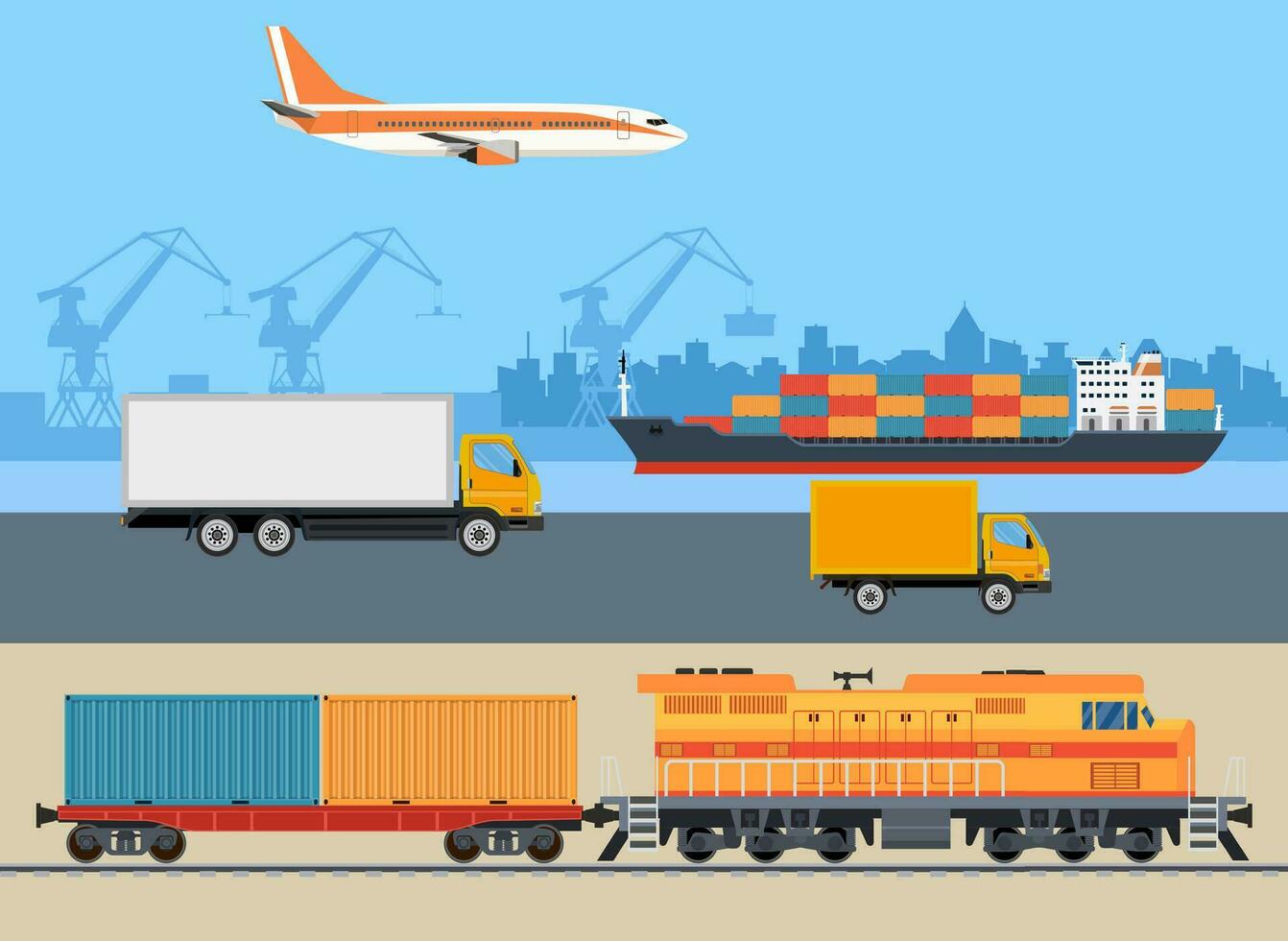 frakt logistik transport. fartyg, lastbil, bil, tåg, flygplan. importera exportera transport industri. global frakt transport. vektor illustration i platt stil