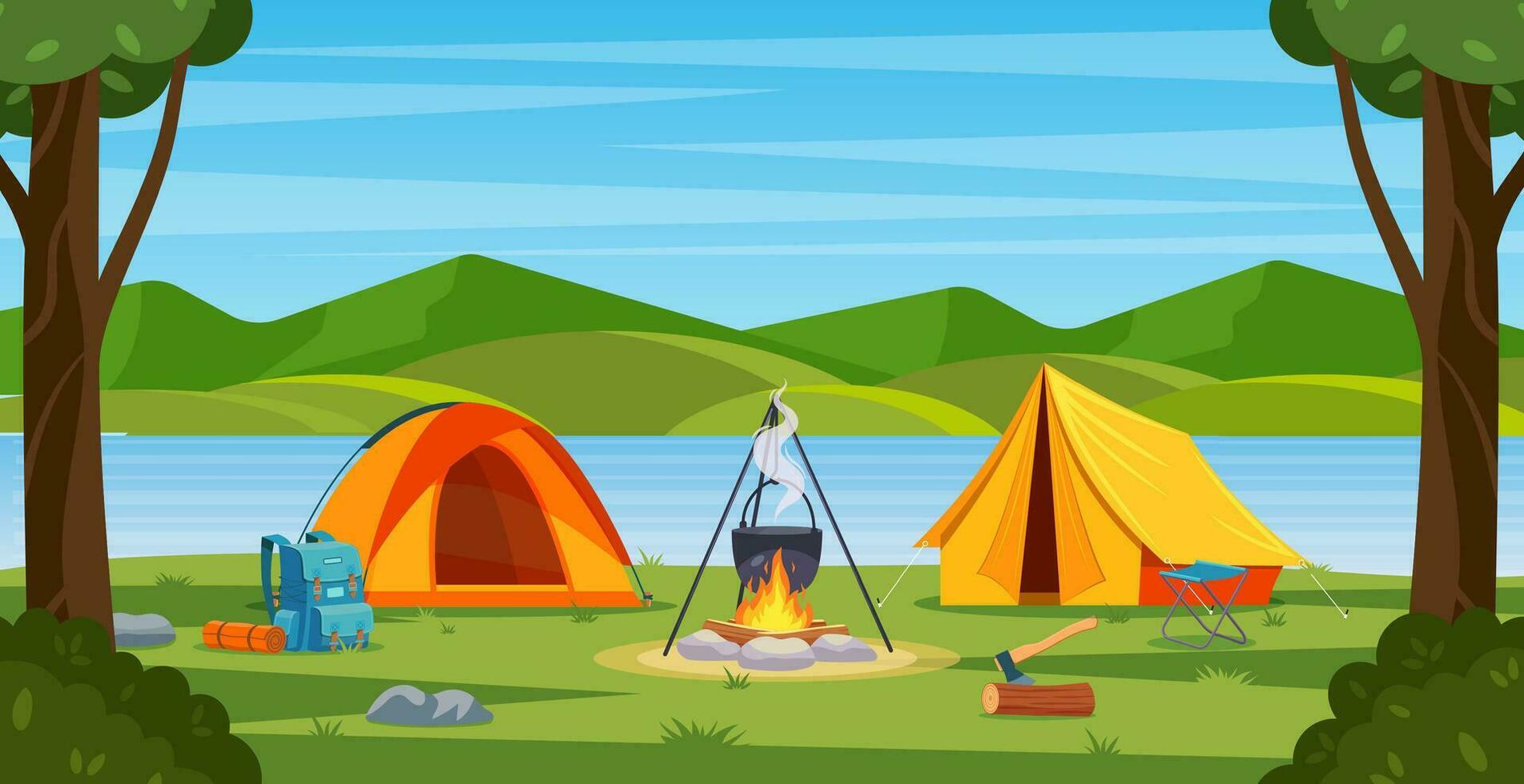 Sommer- Lager im Wald mit Lagerfeuer, Zelt, Rucksack. Karikatur Landschaft mit Berg, Wald und Campingplatz. Ausrüstung zum reisen, wandern. Vektor Illustration im eben Stil