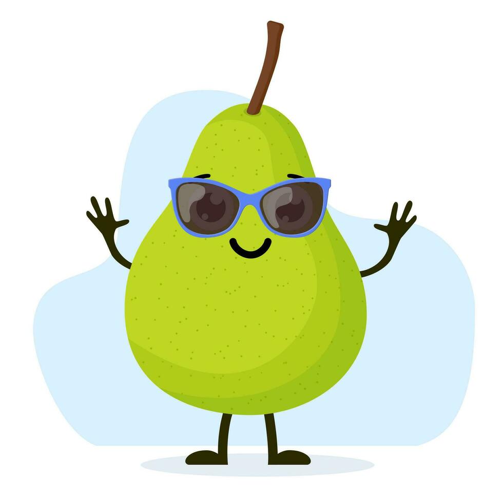 süß und komisch Birne Charakter mit Sonnenbrille. bunt Sommer- Design. Vektor Illustration im eben Stil