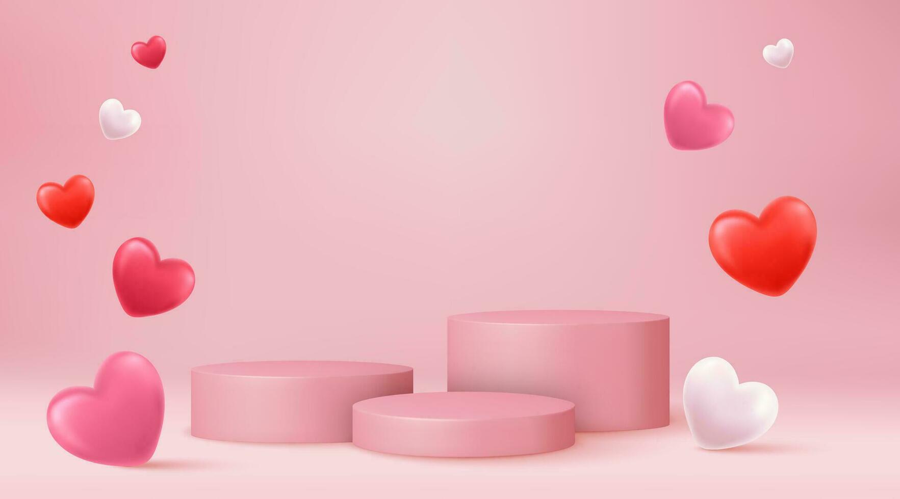 3d spotten oben Bühne Podium dekoriert mit Herz gestalten Luftballons. Hintergrund zum Geburtstag, Jubiläum, Verkauf, Hochzeit. Netz Banner. Valentinstag Konzept. Vektor Illustration