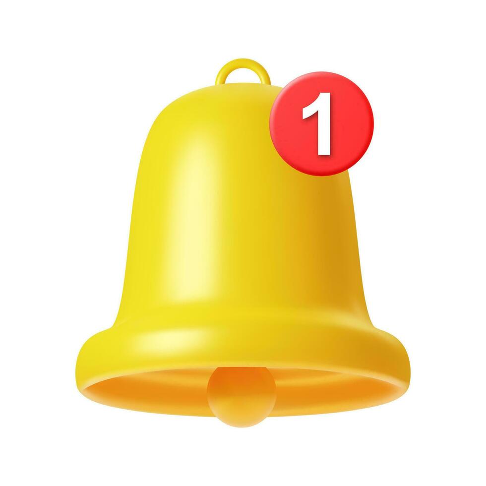 3d machen Gelb Benachrichtigung Glocke mit einer Neu Benachrichtigung Symbol isoliert auf Weiß Hintergrund zum Sozial Medien Erinnerung. Vektor Illustration