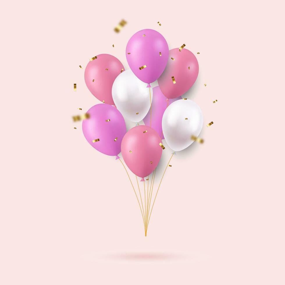 3d realistisch bunt glücklich Geburtstag Luftballons mit golden Konfetti fliegend zum Party und Feierlichkeiten. zum Karte, Party, Flyer, Poster, Dekor, Banner, Netz, Werbung. 3d Wiedergabe. Vektor Illustration