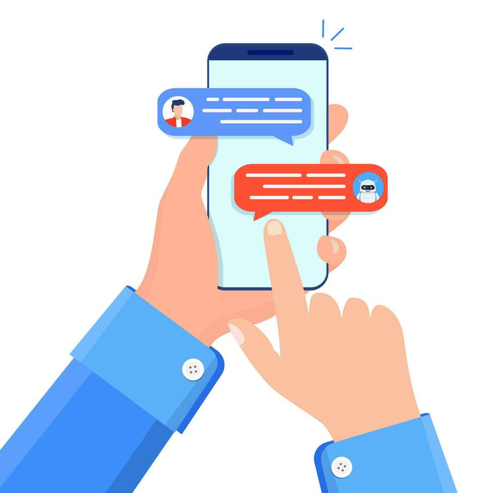 chatbot begrepp. kvinna chattar med chatt bot på smartphone. chatt meddelanden underrättelse på smartphone. chatbot ai och kund service begrepp. vektor illustration i platt stil