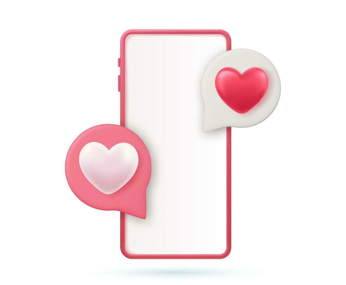 3d framställa smartphone med bubblor och hjärtan design av kärlek passionen romantisk valentines dag bröllop dekoration och äktenskap tema vektor illustration