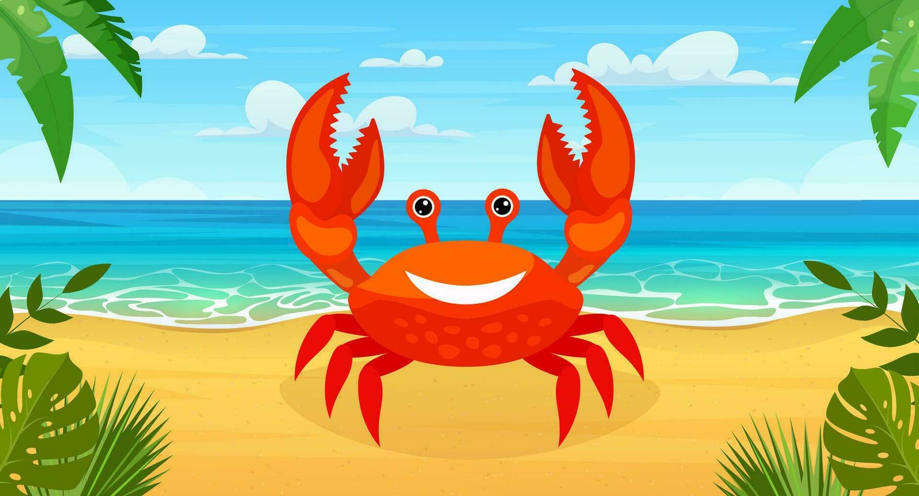 rot Karikatur lächelnd Krabbe auf ein Strand. Vektor Illustration im eben Stil