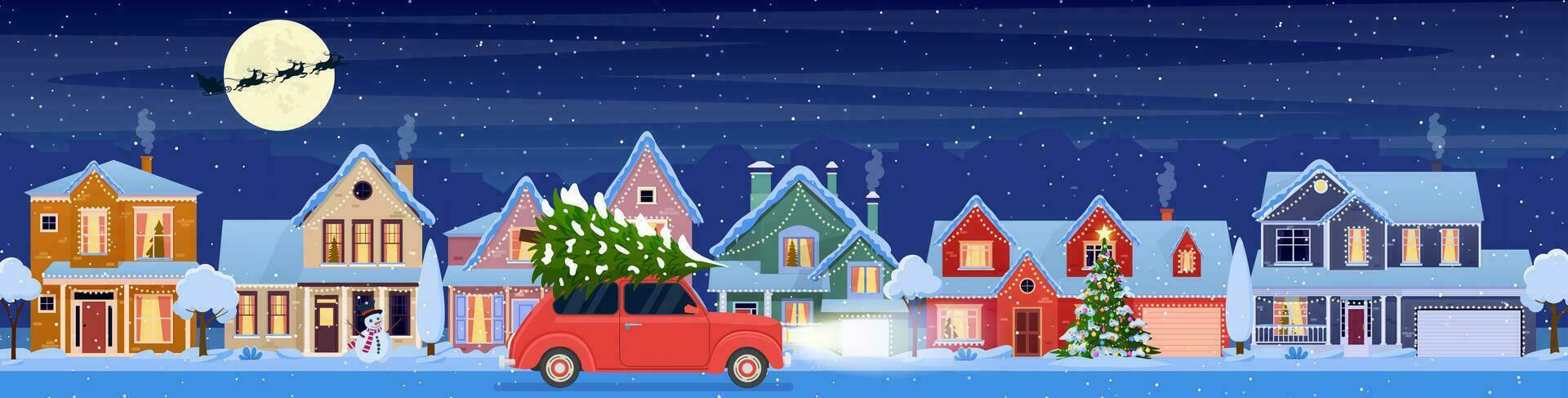 Wohn Häuser mit Weihnachten Dekoration beim Nacht. Weihnachten Landschaft Karte Design von retro Auto mit Geschenkbox auf das oben. Hintergrund mit Mond und das Santa Klaus. Vektor Illustration