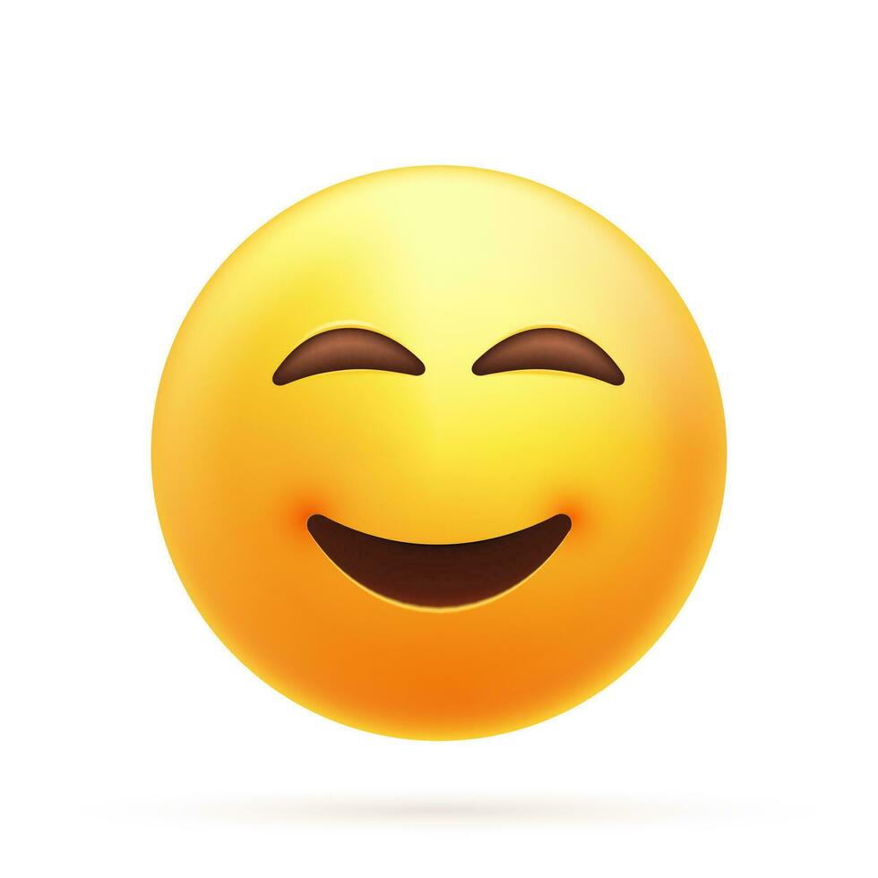 3d Lächeln Emoji Symbol. freundlich Emoticon, glücklich Gelb Gesicht mit einfach geschlossen lächeln. Emoticon zeigen ein wahr Sinn von Glück. Vektor Illustration