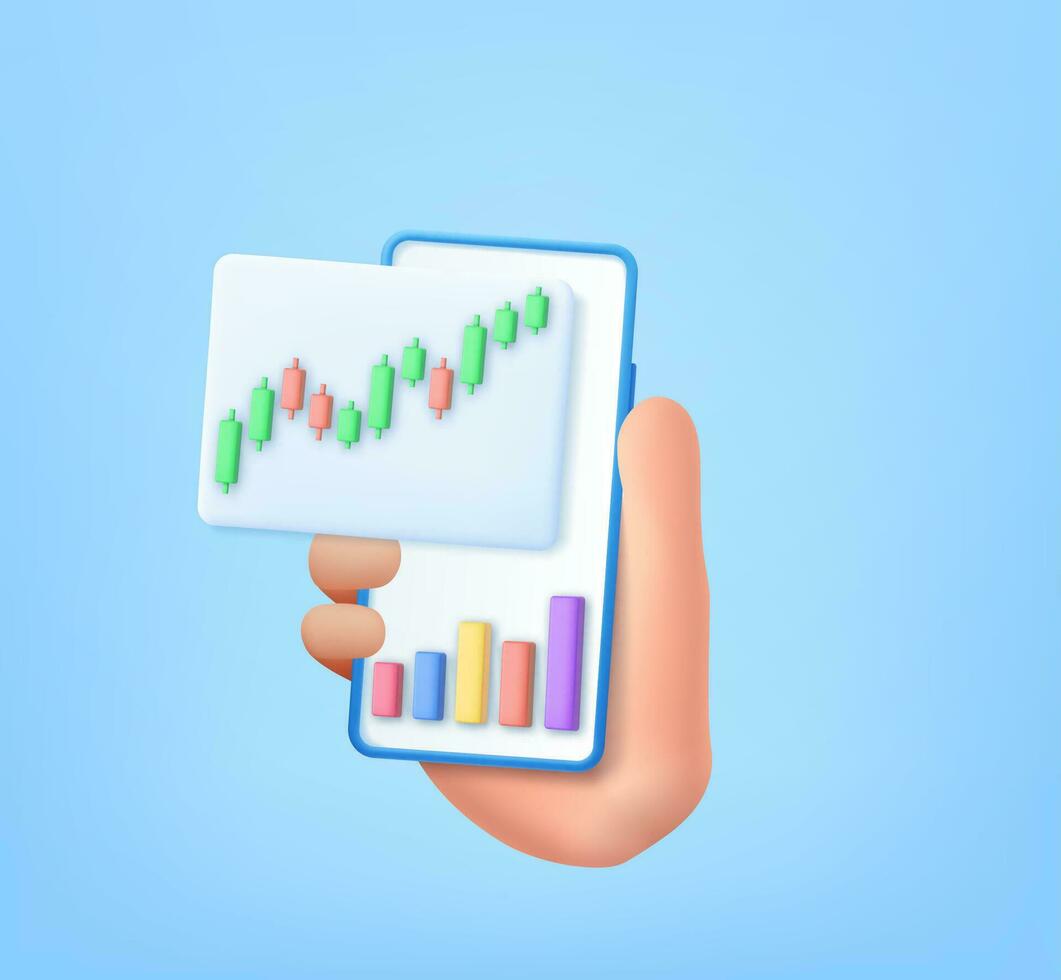 3d ljus pinne Graf Diagram av uppkopplad stock marknadsföra handel med mobil telefon. investering Graf använder sig av finansiering företag på mobil i hand. 3d tolkning. vektor illustration